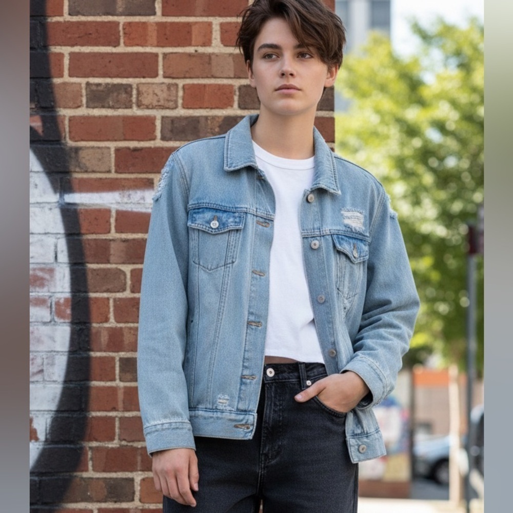 Pacsun Light Denim Jacket Distressed Oversized Full Length Button Closure Small